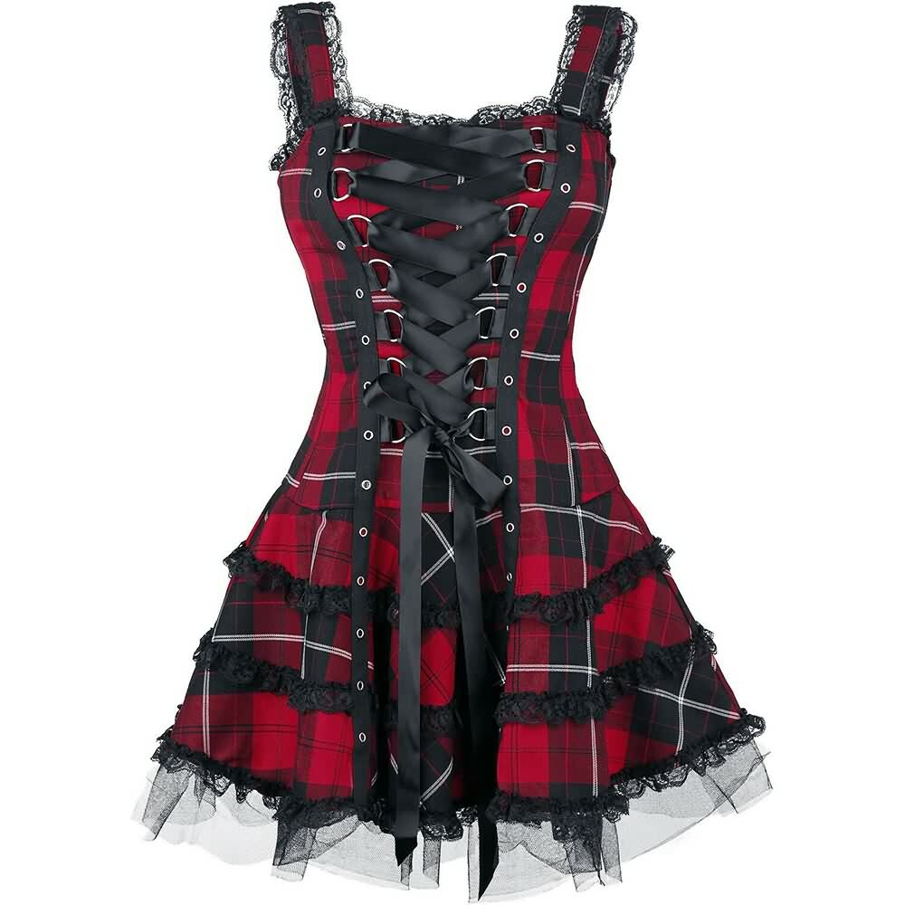 Y2K Gothic Punk Red Plaid Dress - 90s Grunge Summer Outfit, Retro Style, Y2K Party Fashion