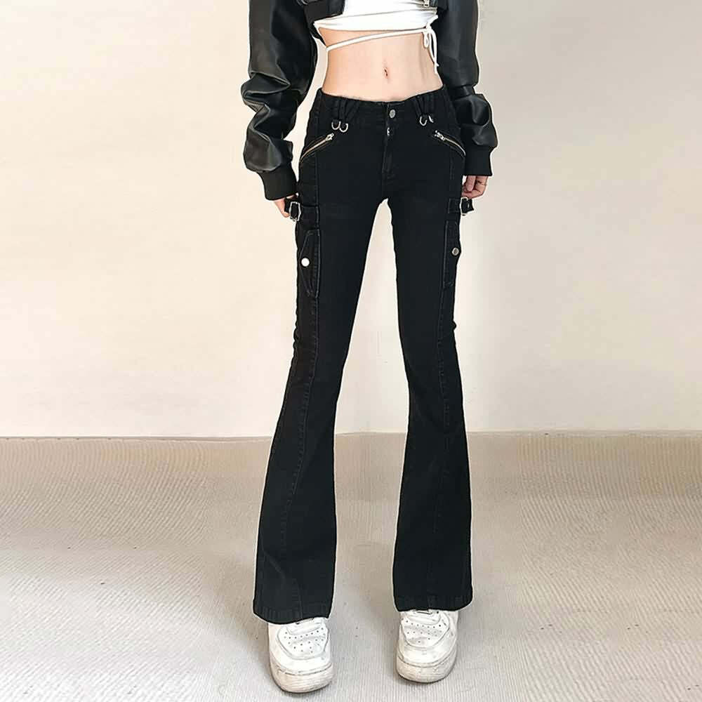 Y2K Gothic Punk Skinny Flare Jeans - Retro 90s Grunge, Summer Y2K Outfits, Hip Hop Fashion