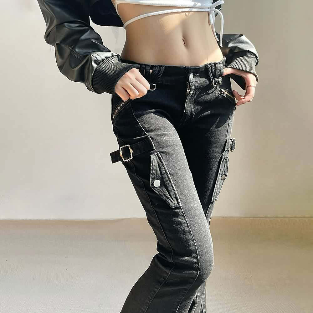 Y2K Gothic Punk Skinny Flare Jeans - Retro 90s Grunge, Summer Y2K Outfits, Hip Hop Fashion