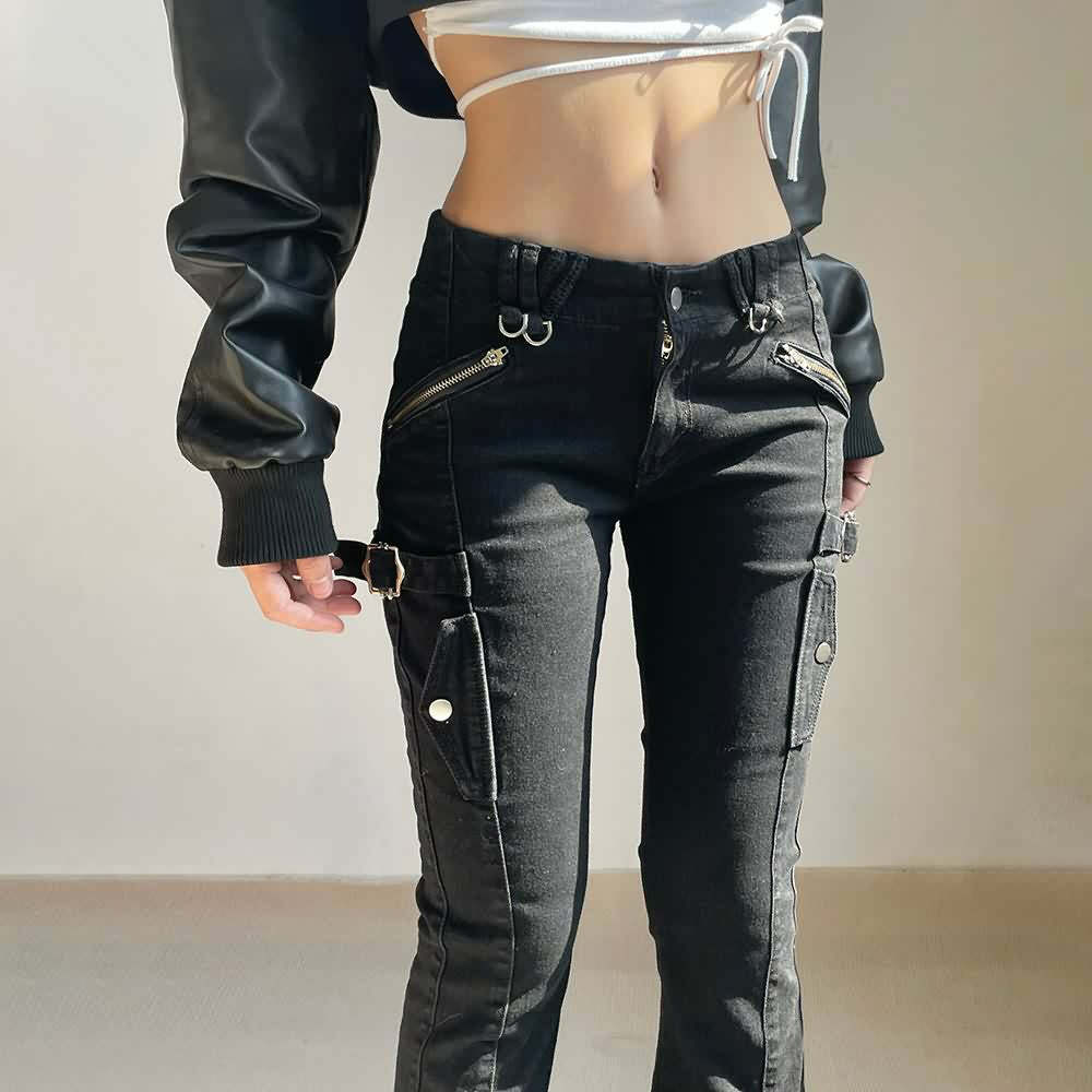 Y2K Gothic Punk Skinny Flare Jeans - Retro 90s Grunge, Summer Y2K Outfits, Hip Hop Fashion