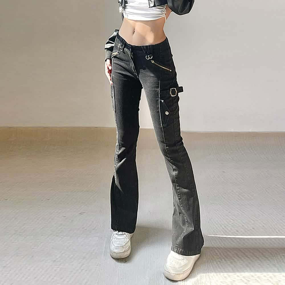 Y2K Gothic Punk Skinny Flare Jeans - Retro 90s Grunge, Summer Y2K Outfits, Hip Hop Fashion