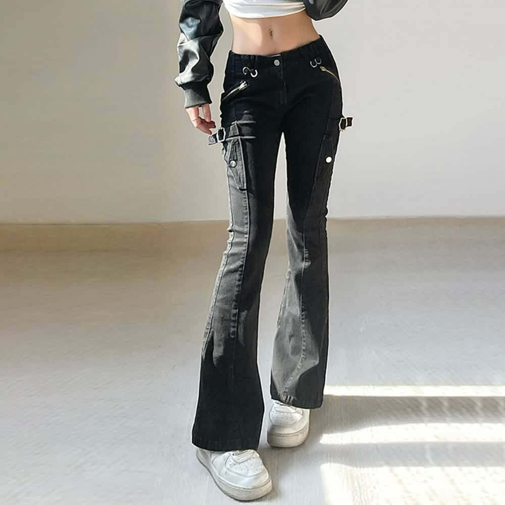 Y2K Gothic Punk Skinny Flare Jeans - Retro 90s Grunge, Summer Y2K Outfits, Hip Hop Fashion
