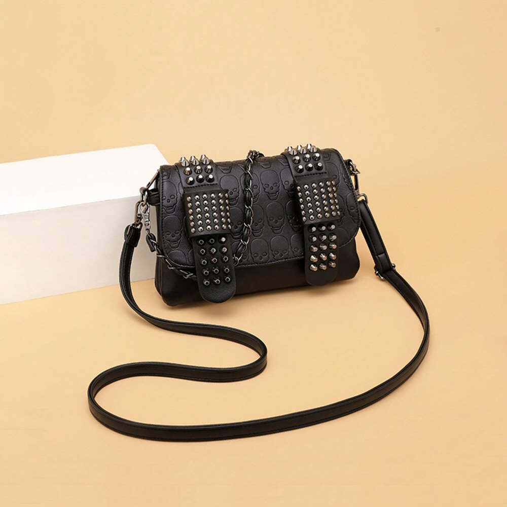Y2K Gothic Punk Skull Leather Crossbody Bag - Retro 90s Grunge Fashion, Y2K Club Outfit
