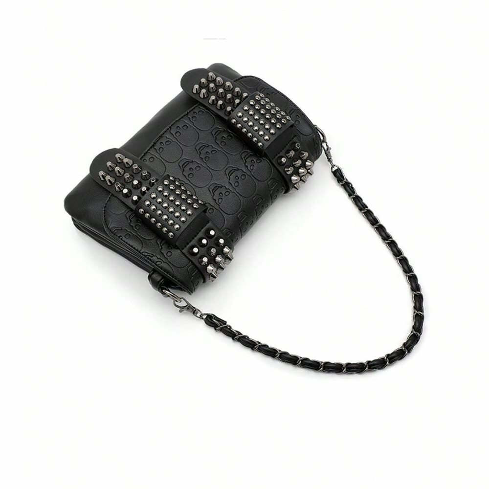 Y2K Gothic Punk Skull Leather Crossbody Bag - Retro 90s Grunge Fashion, Y2K Club Outfit