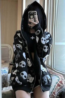 Y2K Gothic Punk Skull Zip Up Hoodie - Retro 90s Grunge, Summer Y2K Outfits, Pastel Goth Style
