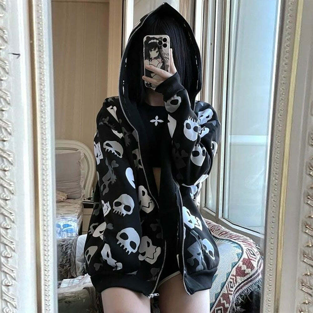 Y2K Gothic Punk Skull Zip Up Hoodie - Retro 90s Grunge, Summer Y2K Outfits, Pastel Goth Style