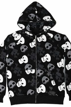 Y2K Gothic Punk Skull Zip Up Hoodie - Retro 90s Grunge, Summer Y2K Outfits, Pastel Goth Style