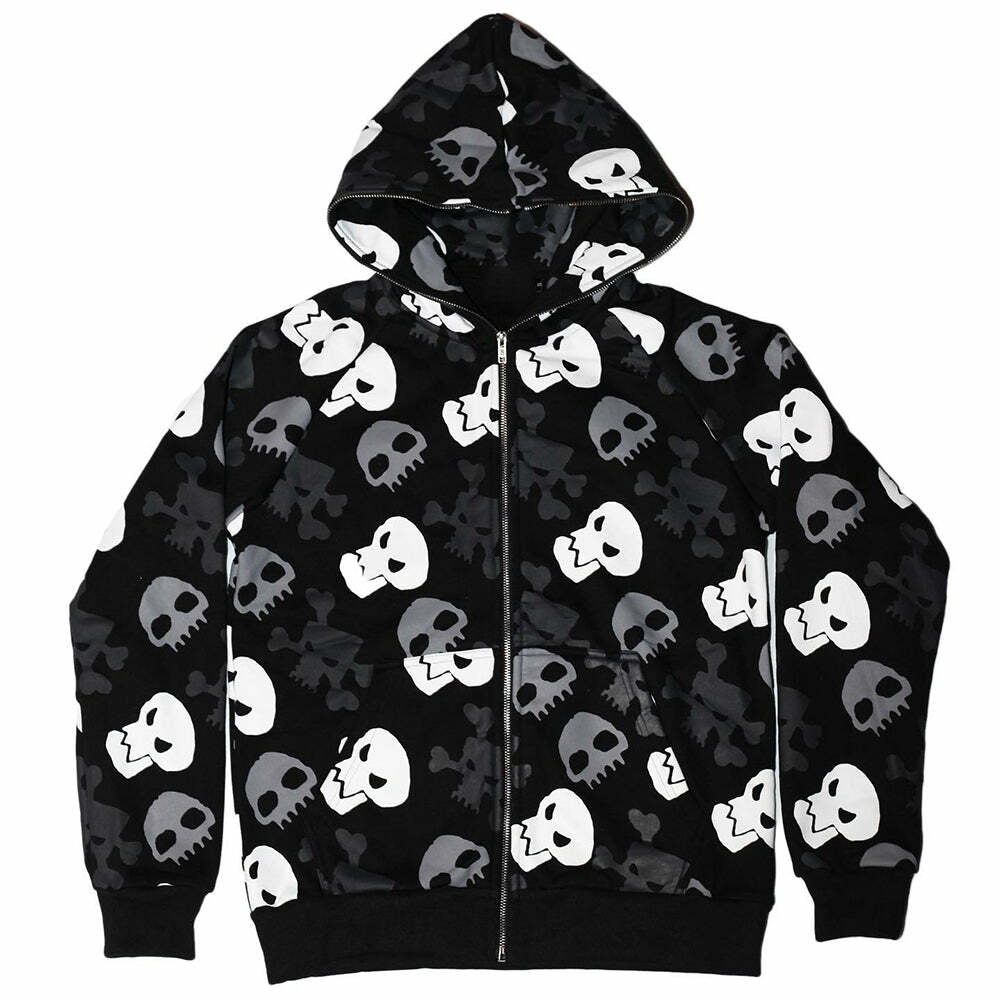Y2K Gothic Punk Skull Zip Up Hoodie - Retro 90s Grunge, Summer Y2K Outfits, Pastel Goth Style
