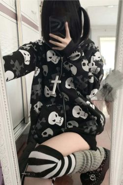 Y2K Gothic Punk Skull Zip Up Hoodie - Retro 90s Grunge, Summer Y2K Outfits, Pastel Goth Style