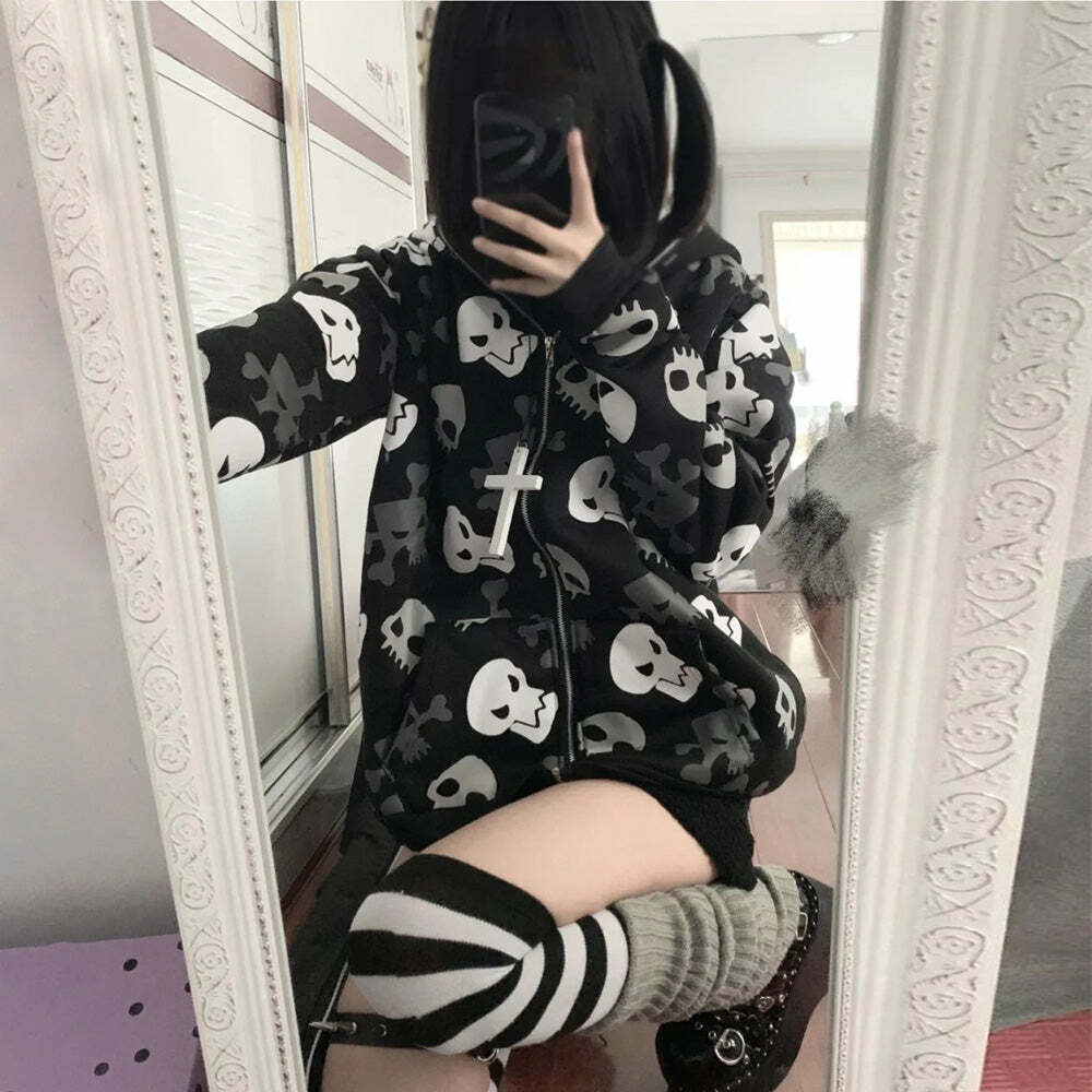 Y2K Gothic Punk Skull Zip Up Hoodie - Retro 90s Grunge, Summer Y2K Outfits, Pastel Goth Style