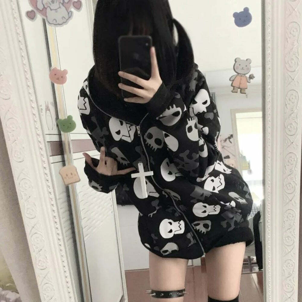 Y2K Gothic Punk Skull Zip Up Hoodie - Retro 90s Grunge, Summer Y2K Outfits, Pastel Goth Style