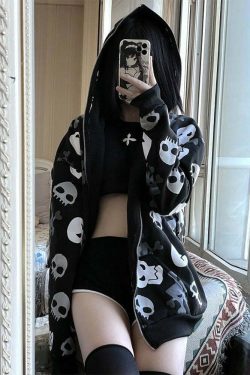 Y2K Gothic Punk Skull Zip Up Hoodie - Retro 90s Grunge, Summer Y2K Outfits, Pastel Goth Style