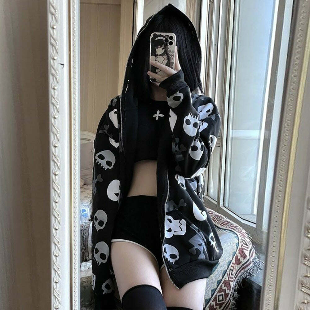 Y2K Gothic Punk Skull Zip Up Hoodie - Retro 90s Grunge, Summer Y2K Outfits, Pastel Goth Style