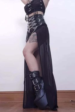 Y2K Gothic Punk Slit Maxi Skirt - Retro 90s Grunge Summer Outfit for Women