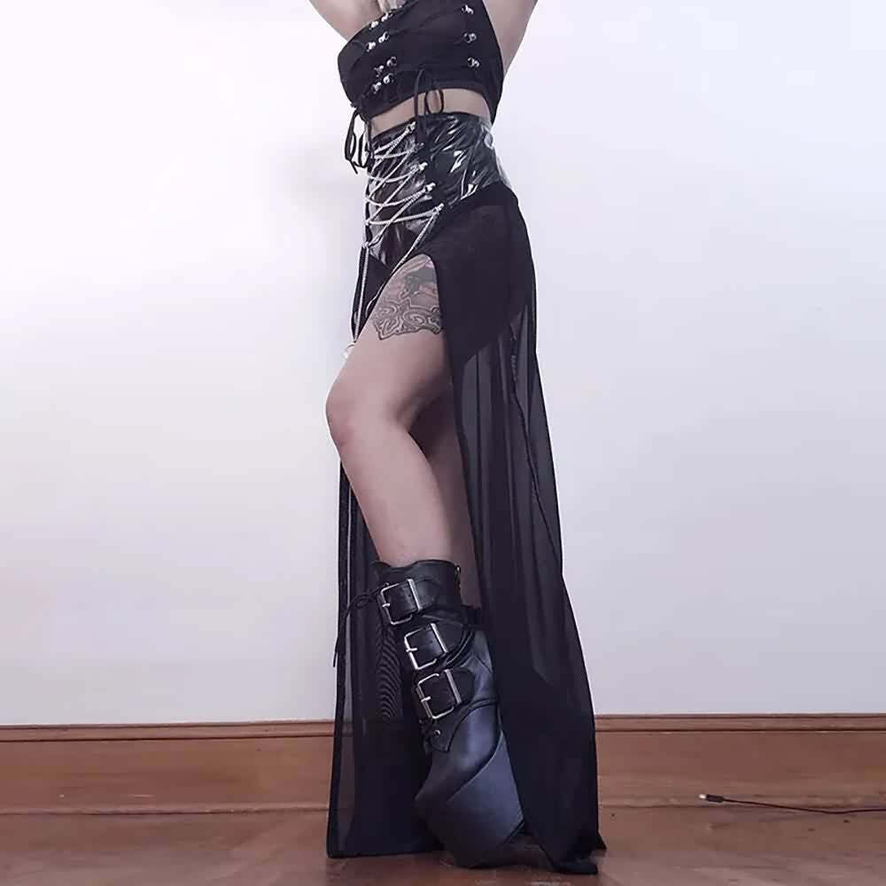 Y2K Gothic Punk Slit Maxi Skirt - Retro 90s Grunge Summer Outfit for Women
