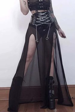 Y2K Gothic Punk Slit Maxi Skirt - Retro 90s Grunge Summer Outfit for Women