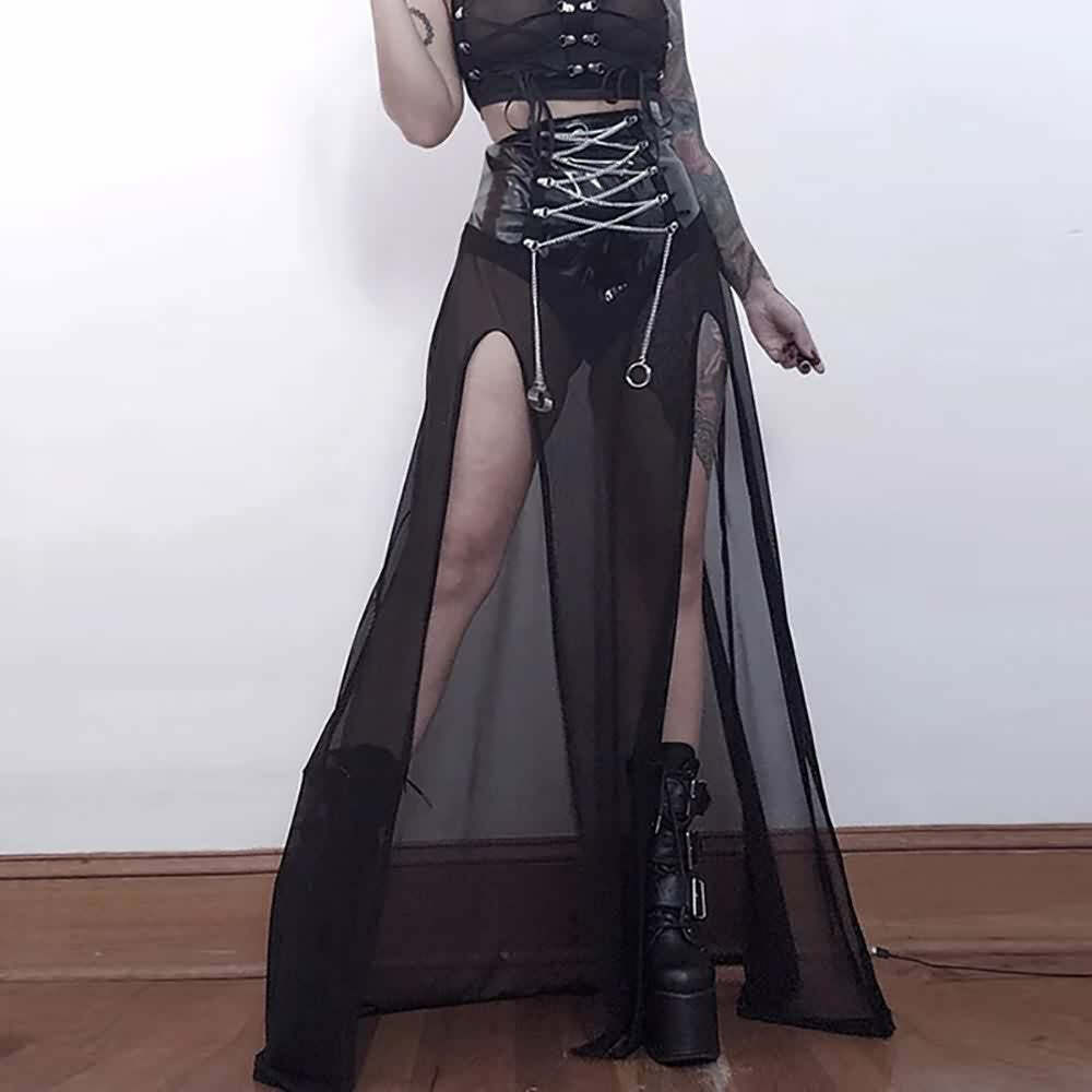 Y2K Gothic Punk Slit Maxi Skirt - Retro 90s Grunge Summer Outfit for Women