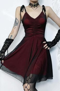 Y2K Gothic Red Mesh Ruched Mini Dress - 90s Grunge Summer Party Outfit