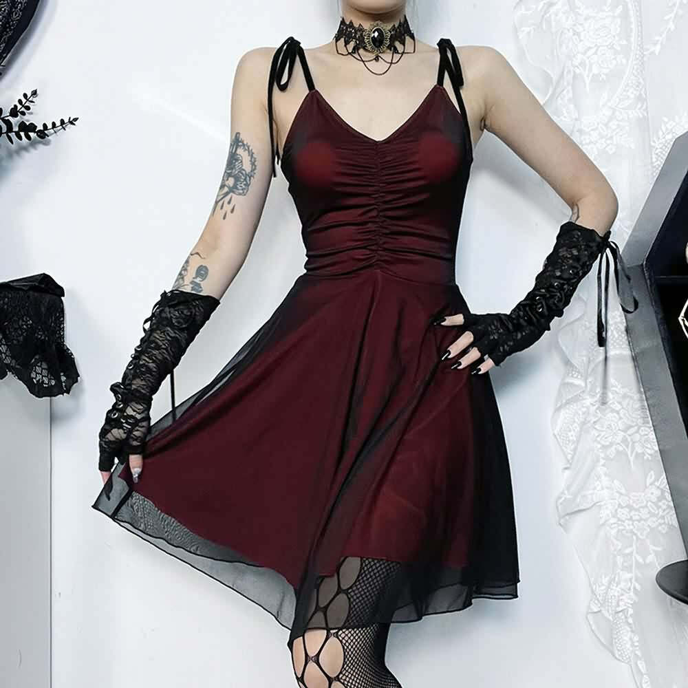 Y2K Gothic Red Mesh Ruched Mini Dress - 90s Grunge Summer Party Outfit