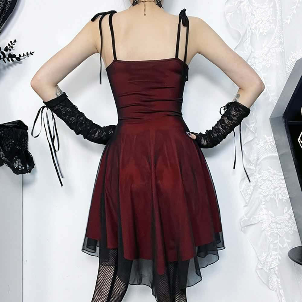 Y2K Gothic Red Mesh Ruched Mini Dress - 90s Grunge Summer Party Outfit