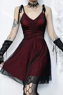 Y2K Gothic Red Mesh Ruched Mini Dress - 90s Grunge Summer Party Outfit