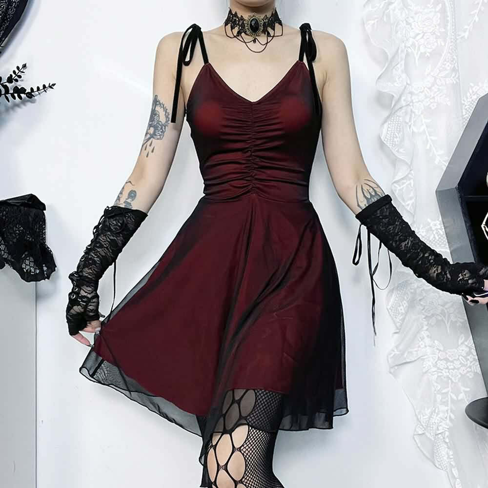 Y2K Gothic Red Mesh Ruched Mini Dress - 90s Grunge Summer Party Outfit