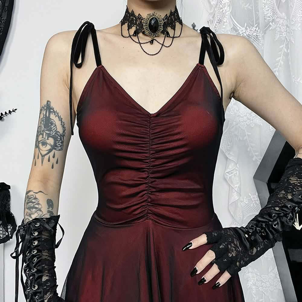 Y2K Gothic Red Mesh Ruched Mini Dress - 90s Grunge Summer Party Outfit
