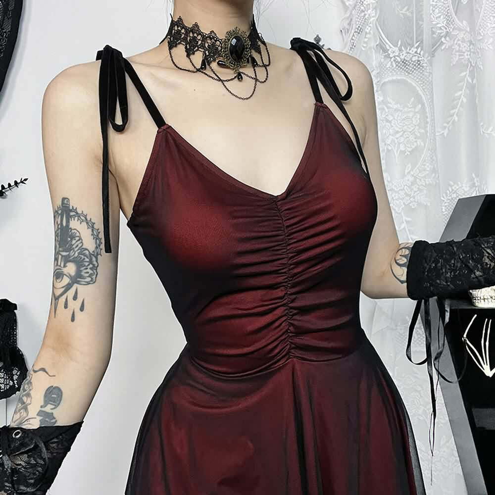 Y2K Gothic Red Mesh Ruched Mini Dress - 90s Grunge Summer Party Outfit