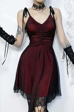 Y2K Gothic Red Mesh Ruched Mini Dress - 90s Grunge Summer Party Outfit