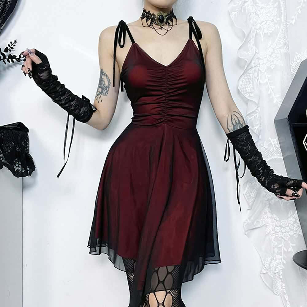 Y2K Gothic Red Mesh Ruched Mini Dress - 90s Grunge Summer Party Outfit