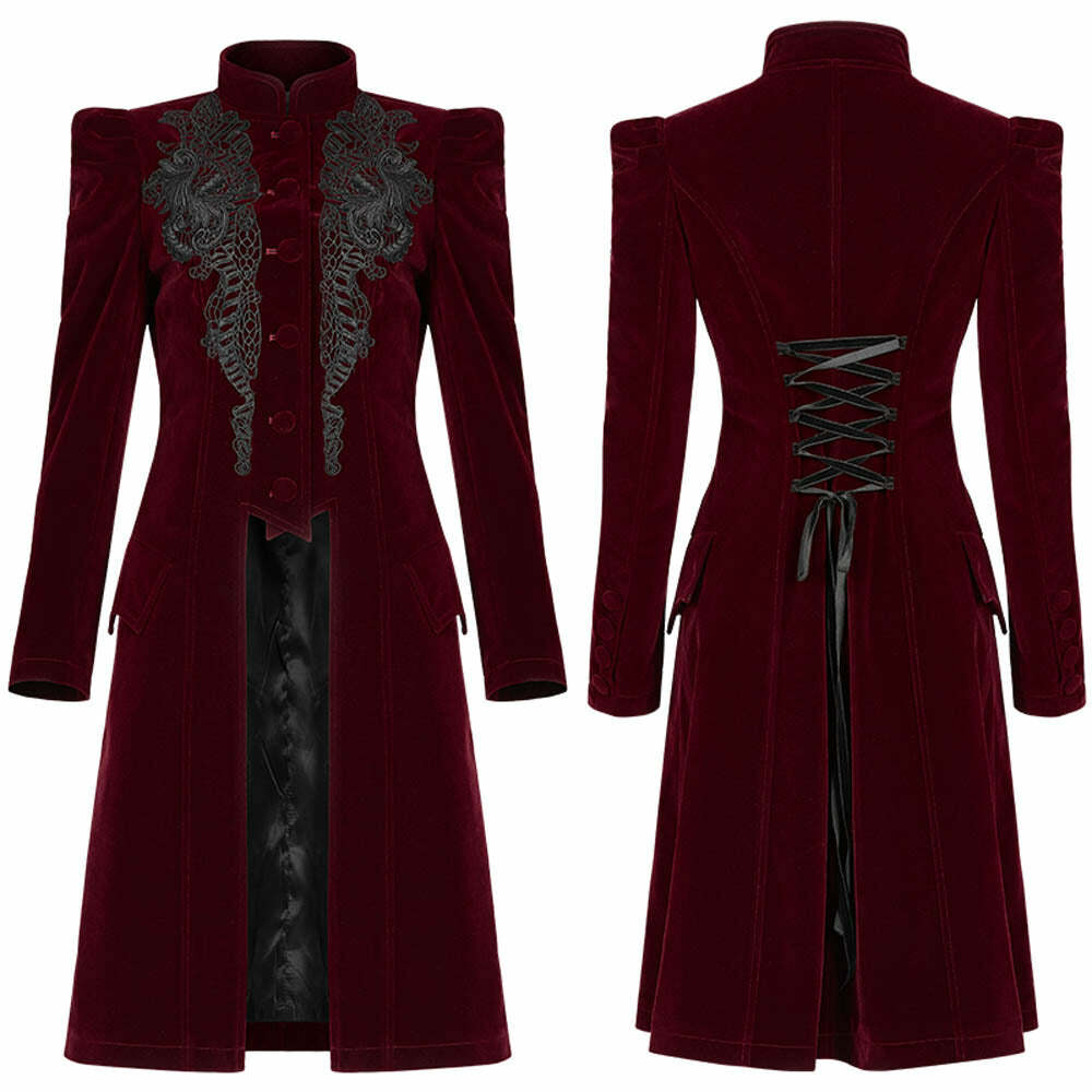 Y2K Gothic Red Velvet Coat - Retro 90s Grunge, Pastel Goth, Y2K Party & Club Outfits
