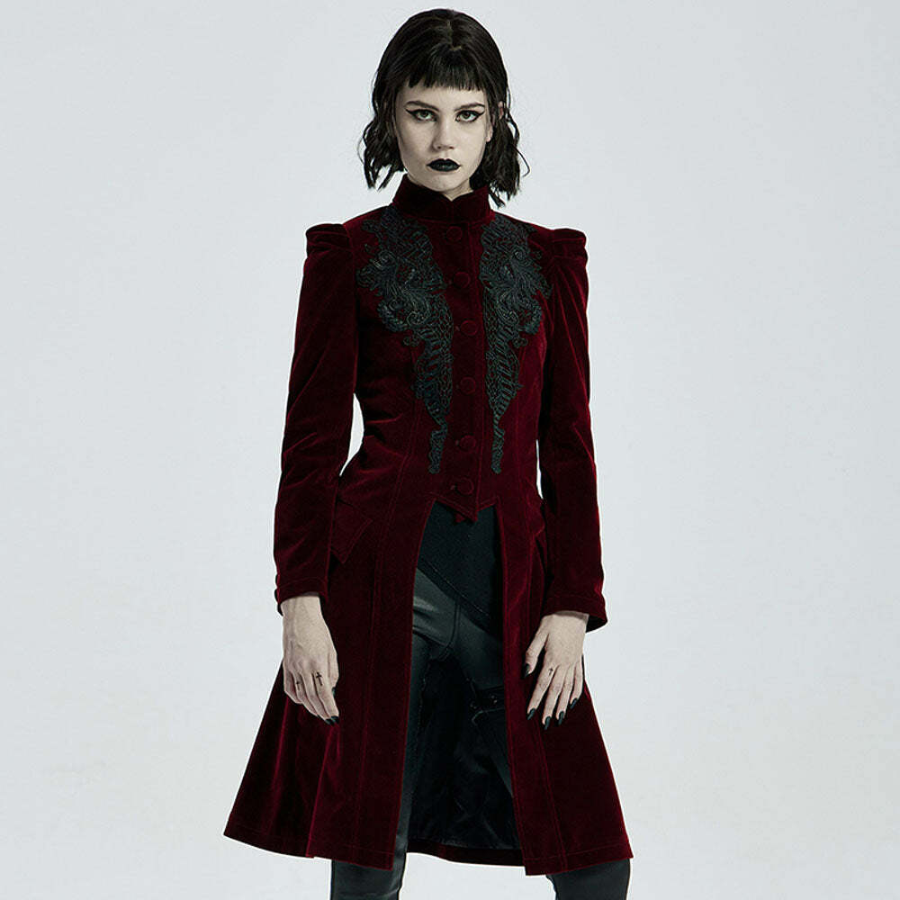 Y2K Gothic Red Velvet Coat - Retro 90s Grunge, Pastel Goth, Y2K Party & Club Outfits