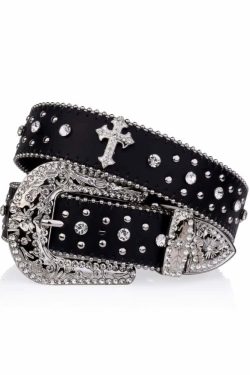 Y2K Gothic Rhinestone Punk Rock Cross Buckle Belt - Retro 90s Grunge Fashion Accessory