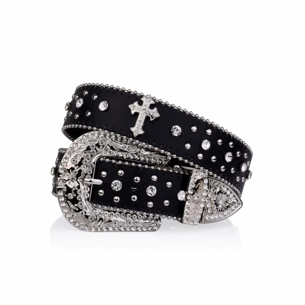Y2K Gothic Rhinestone Punk Rock Cross Buckle Belt - Retro 90s Grunge Fashion Accessory