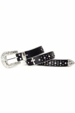 Y2K Gothic Rhinestone Punk Rock Cross Buckle Belt - Retro 90s Grunge Fashion Accessory