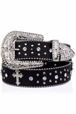 Y2K Gothic Rhinestone Punk Rock Cross Buckle Belt - Retro 90s Grunge Fashion Accessory