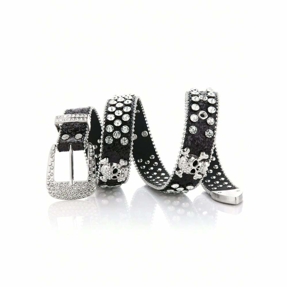 Y2K Gothic Rhinestone Skull Buckle Belt - Retro 90s Grunge Punk Rock Fashion Accessory