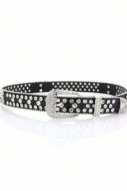 Y2K Gothic Rhinestone Skull Buckle Belt - Retro 90s Grunge Punk Rock Fashion Accessory
