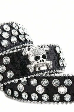 Y2K Gothic Rhinestone Skull Buckle Belt - Retro 90s Grunge Punk Rock Fashion Accessory