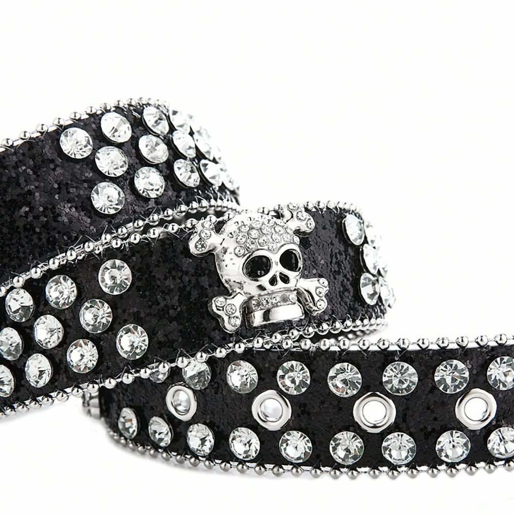 Y2K Gothic Rhinestone Skull Buckle Belt - Retro 90s Grunge Punk Rock Fashion Accessory