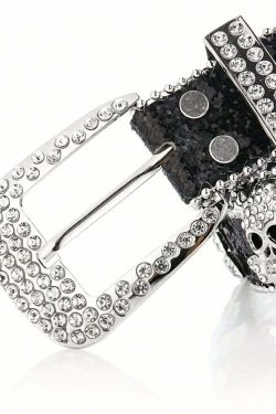 Y2K Gothic Rhinestone Skull Buckle Belt - Retro 90s Grunge Punk Rock Fashion Accessory