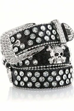Y2K Gothic Rhinestone Skull Buckle Belt - Retro 90s Grunge Punk Rock Fashion Accessory