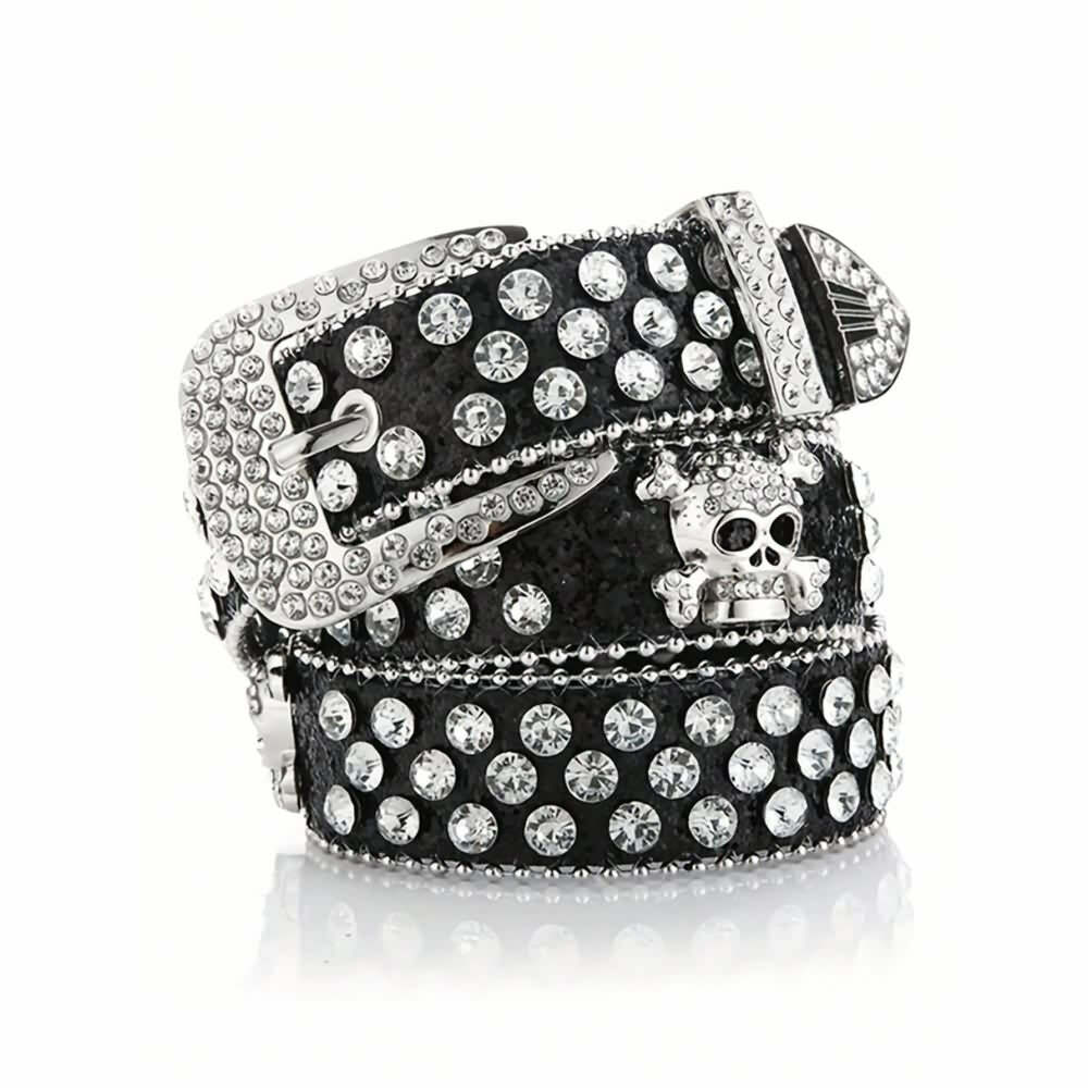 Y2K Gothic Rhinestone Skull Buckle Belt - Retro 90s Grunge Punk Rock Fashion Accessory