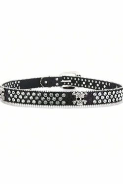 Y2K Gothic Rhinestone Skull Buckle Belt - Retro 90s Grunge Punk Rock Fashion Accessory