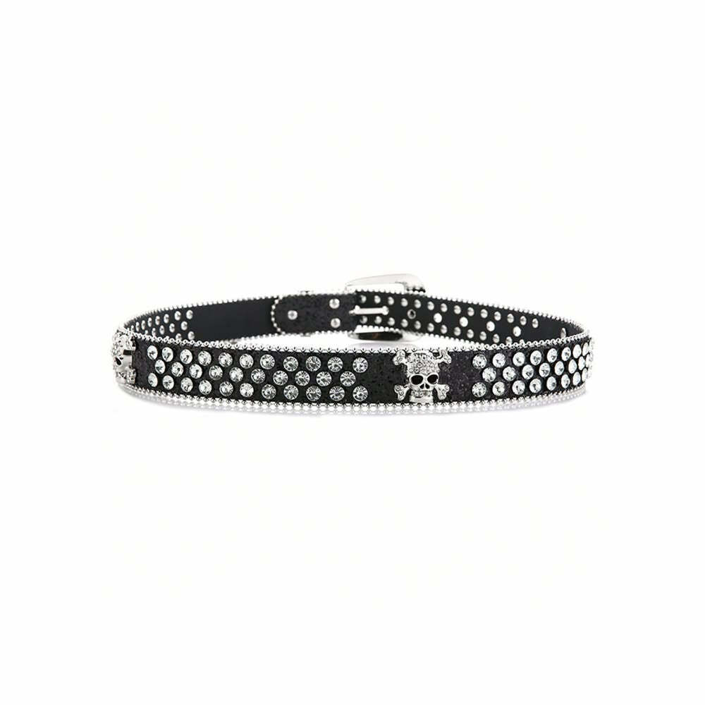 Y2K Gothic Rhinestone Skull Buckle Belt - Retro 90s Grunge Punk Rock Fashion Accessory