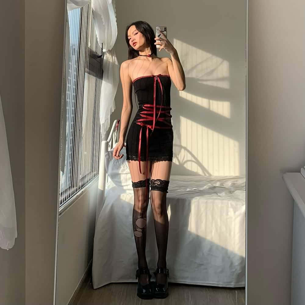 Y2K Gothic Ribbon Off Shoulder Bodycon Mini Dress - 90s Grunge Summer Party Outfit