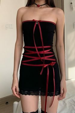Y2K Gothic Ribbon Off Shoulder Bodycon Mini Dress - 90s Grunge Summer Party Outfit