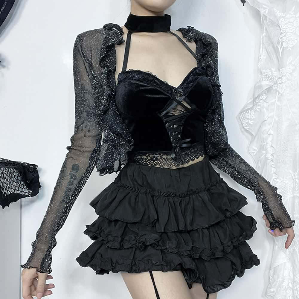 Y2K Gothic Sheer Bolero Jacket - 90s Grunge, Retro Style, Pastel Goth, Y2K Party Outfits