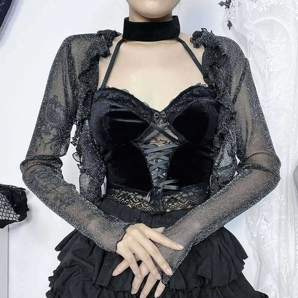 Y2K Gothic Sheer Bolero Jacket - 90s Grunge, Retro Style, Pastel Goth, Y2K Party Outfits