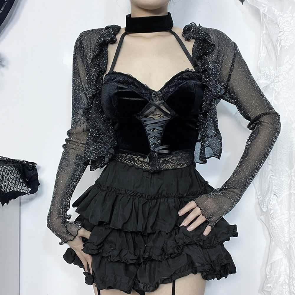 Y2K Gothic Sheer Bolero Jacket - 90s Grunge, Retro Style, Pastel Goth, Y2K Party Outfits